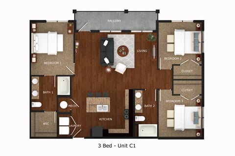 Floor plan for 3 beds, 2 baths, 1385 sqft